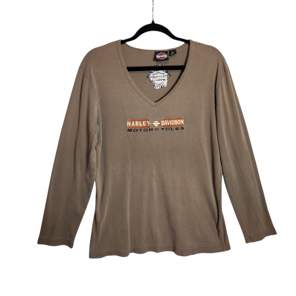 Harley Davidson Motorcycles Womens XL V-Neck Long Sleeve Brown Seattle Shirt USA
